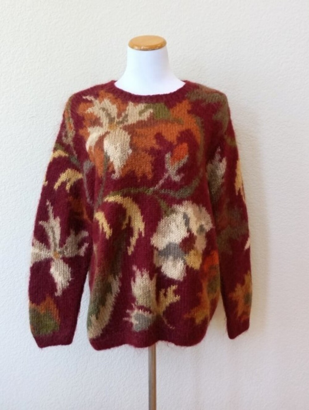 🤍 Talbots vintage hand knit mohair blend burgundy autumn print chunky sweater - Picture 4 of 8